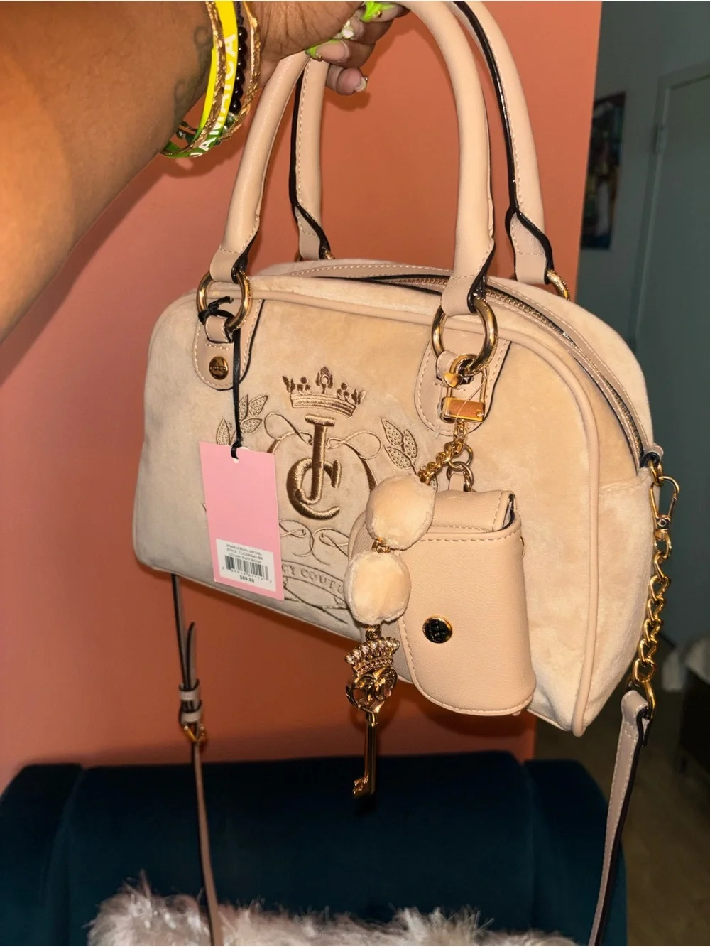 Juicy Couture Blush Beige Suede Satchel with Embossed Logo